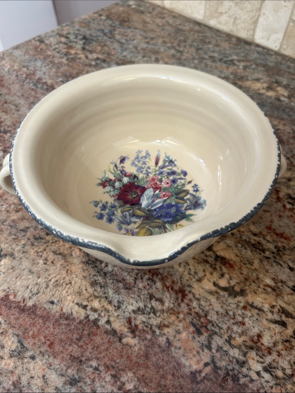Home and Garden Party Cream Ceramic Mixing Bowl with Floral Interior & Blue Rim